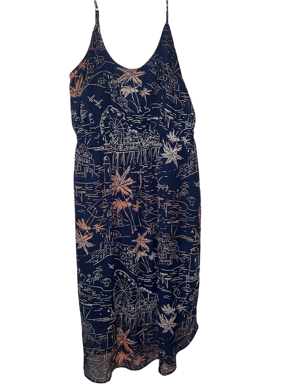 Old Navy Navy Dress Peach Palm Print Vacation Maxi Resort nautical Tropical